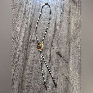 Western bolo neck tie black white braided leather with Montana mountain scene